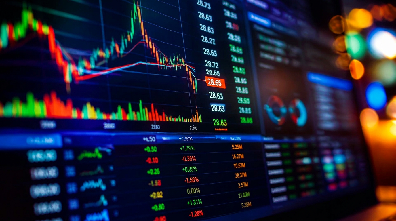 Preg茫o com pain茅is de gr谩ficos do mercado financeiro